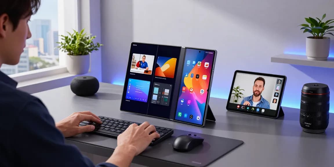 Sleek workspace featuring a tech enthusiast using the Samsung Galaxy Z TriFold to showcase its innovative design.
