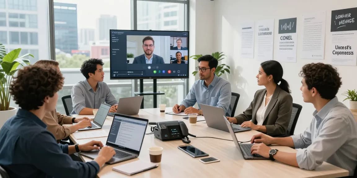 Team collaborating in a conference room with modern office phone systems, VoIP solutions, and vibrant workspace.