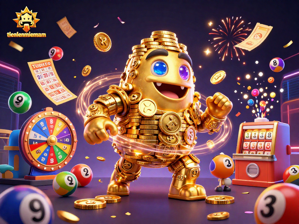 Engage with the thrilling world of tienlenmiennam, featuring a golden golem amidst colorful lottery elements.