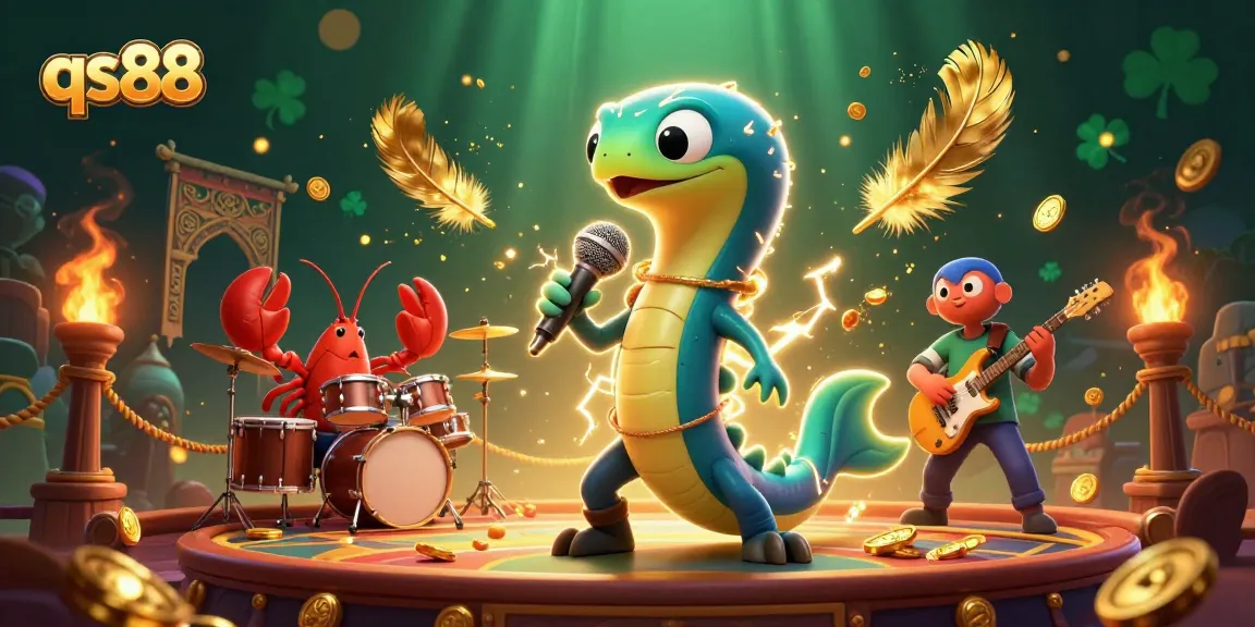 Play exciting games at qs88 with an electric eel DJ, lobster drummer, and seahorse guitarist in a vibrant underwater casino scene.