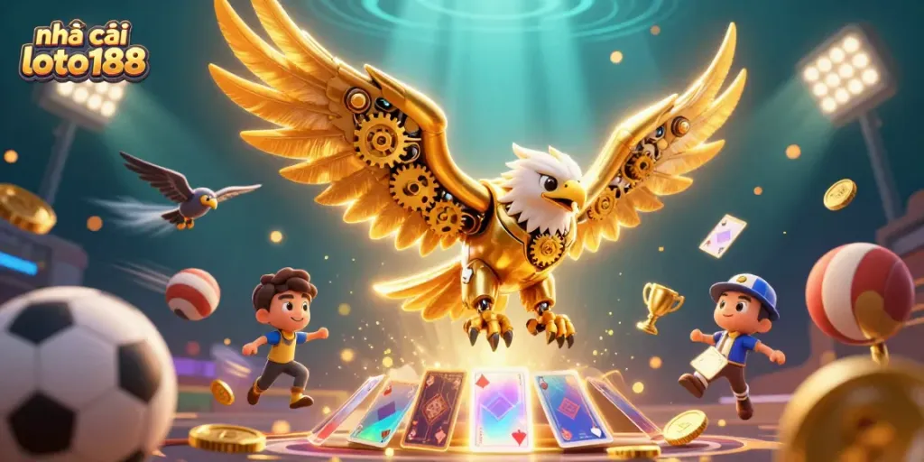 Experience the thrill at nhà cái loto188 with a dynamic 3D fantasy scene of an eagle amid vibrant casino action.