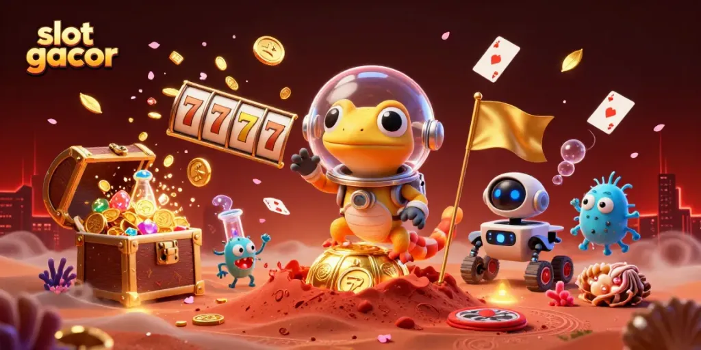 Experience thrilling slot gacor action with a Martian gecko discovering a golden casino on Mars, surrounded by colorful game elements.