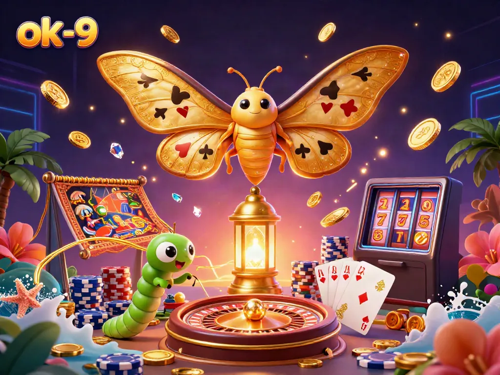 Experience the excitement of ok-9 with 3D casino elements including golden moths, vibrant poker chips, and dazzling coins.