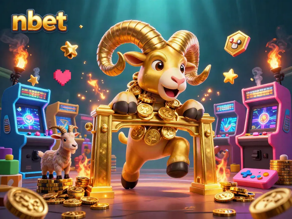 Experience the thrilling nbet gaming adventure with a detailed 3D illustration of a golden ram charging through an arcade.