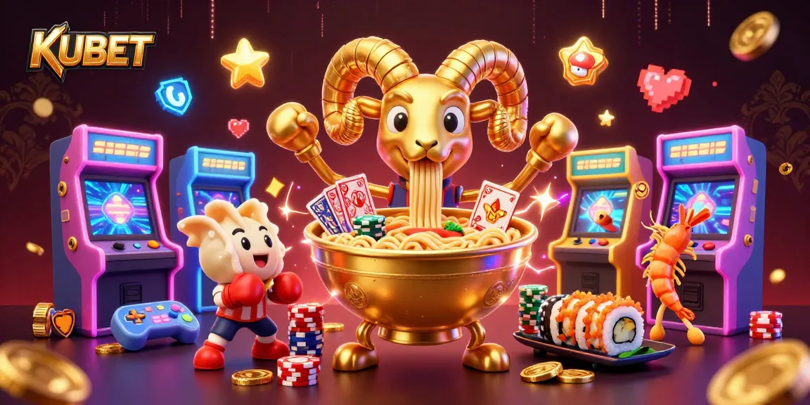 KUBET features a dynamic casino scene with cartoon characters dealing cards and stacking chips.