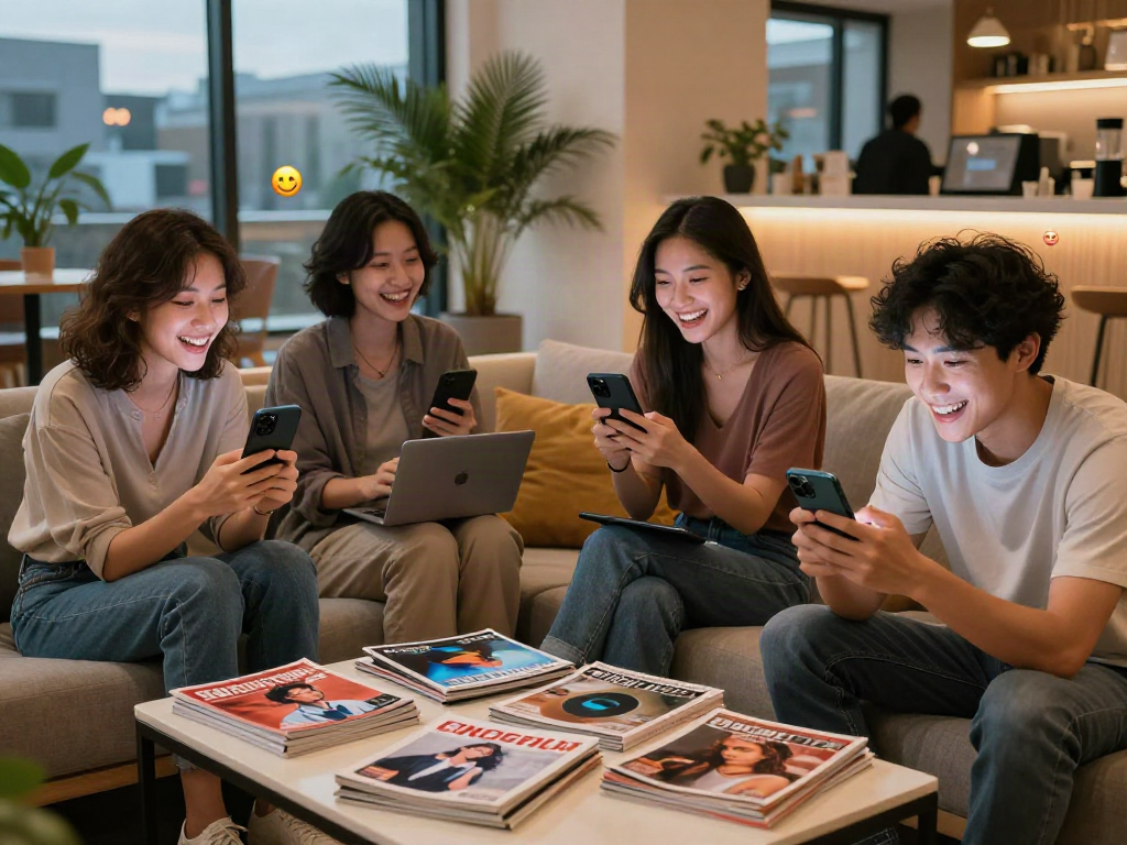 Engaging nsfw AI chat scene with young adults enjoying digital interactions in a stylish lounge setting.