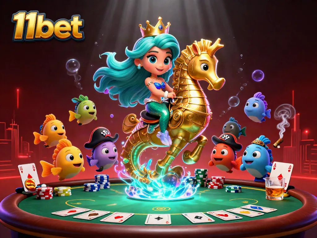 Experience the thrills of 11bet in a vibrant underwater casino scene with mermaid and seahorse.