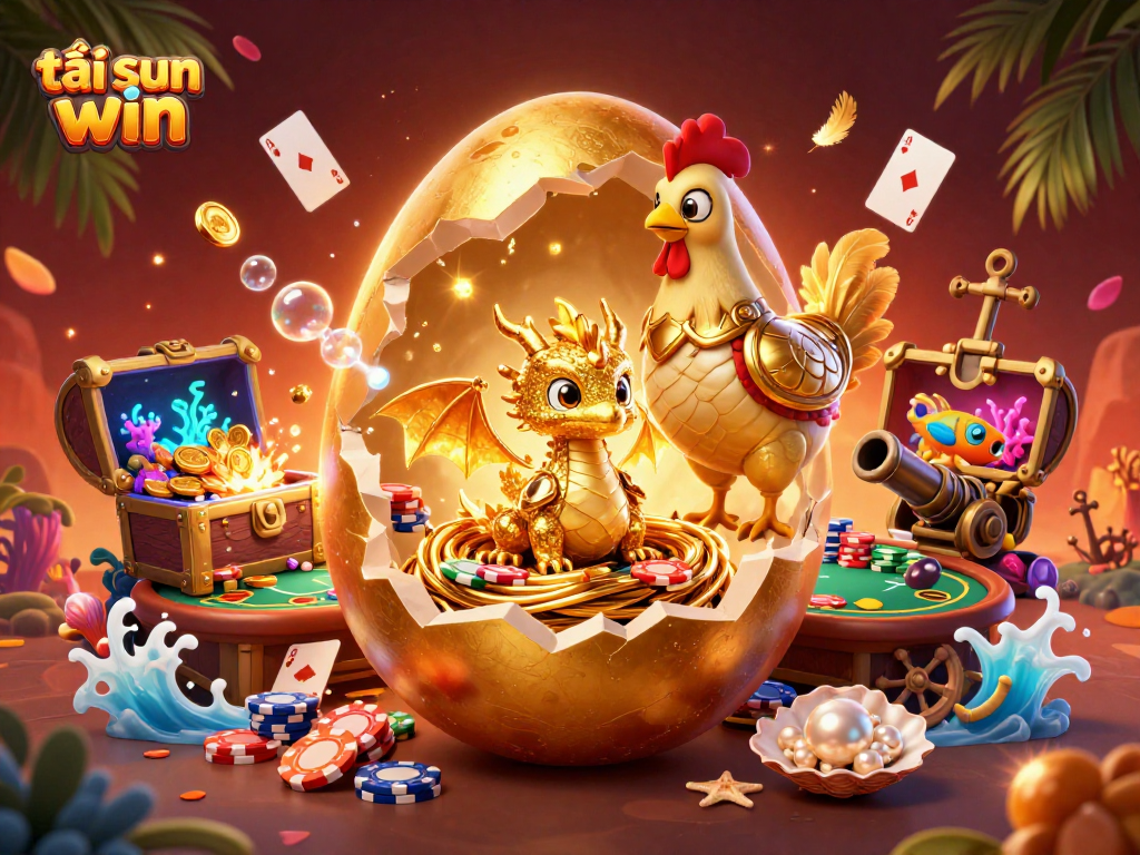 Experience the thrill of tải sun win with a golden dragon on poker chips amidst vibrant casino treasures.