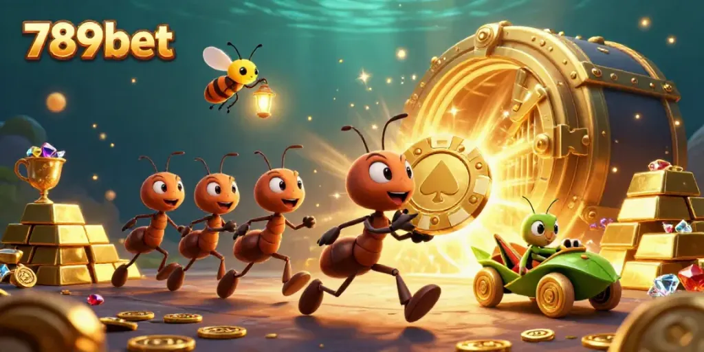 Ants carrying a massive golden poker chip in a heist scene, showcasing 789bet excitement.