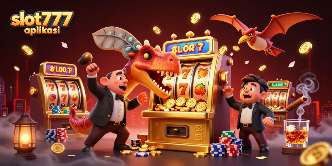 Slot777 aplikasi showcases 3D cartoon dinosaurs engaging in a vibrant casino scene with golden coins.