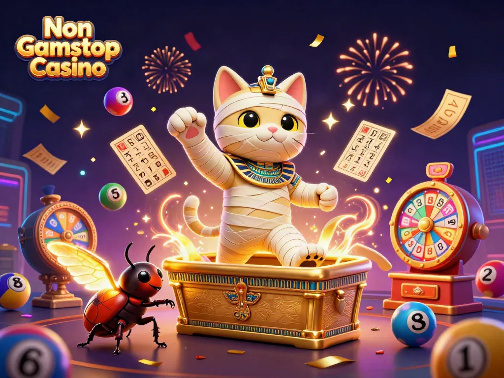 Engage with the thrilling Non Gamstop Casino scene featuring a mummy cat and vibrant game elements.
