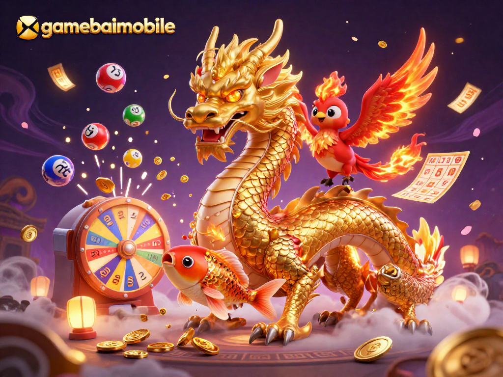 Experience the thrill of gamebaimobile with a dynamic illustration of a dragon and phoenix amidst vibrant casino elements.