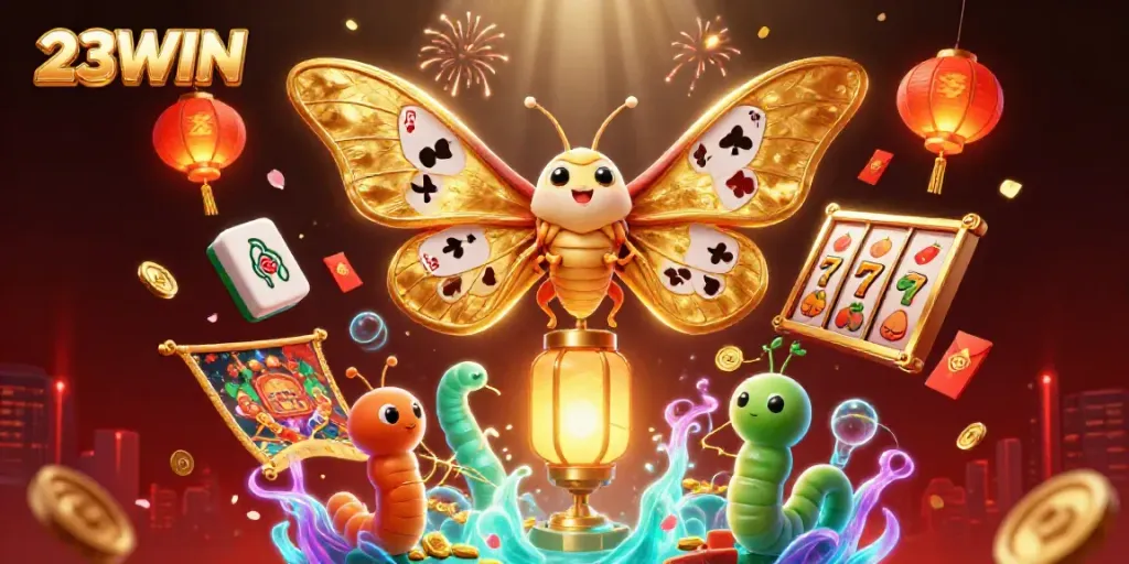 Experience the vibrant casino atmosphere with 23WIN, featuring golden card suits and dynamic gaming elements.