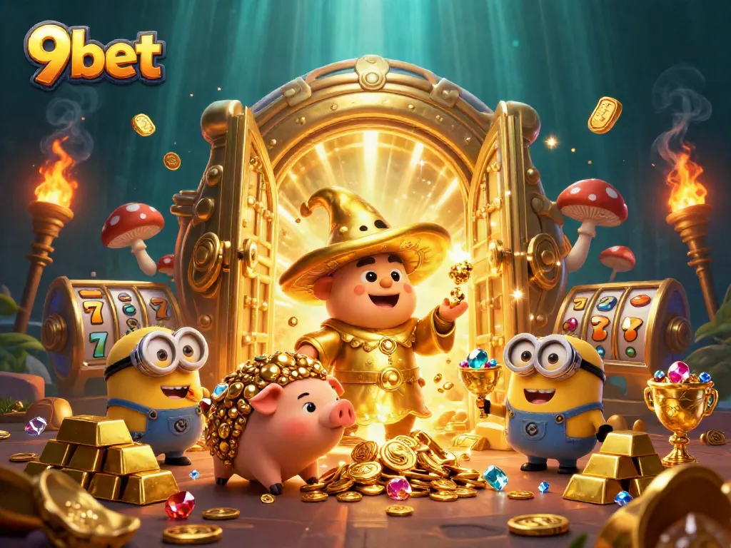 Win big with 9bet's exciting slots and treasures in a dazzling casino-themed 3D illustration.