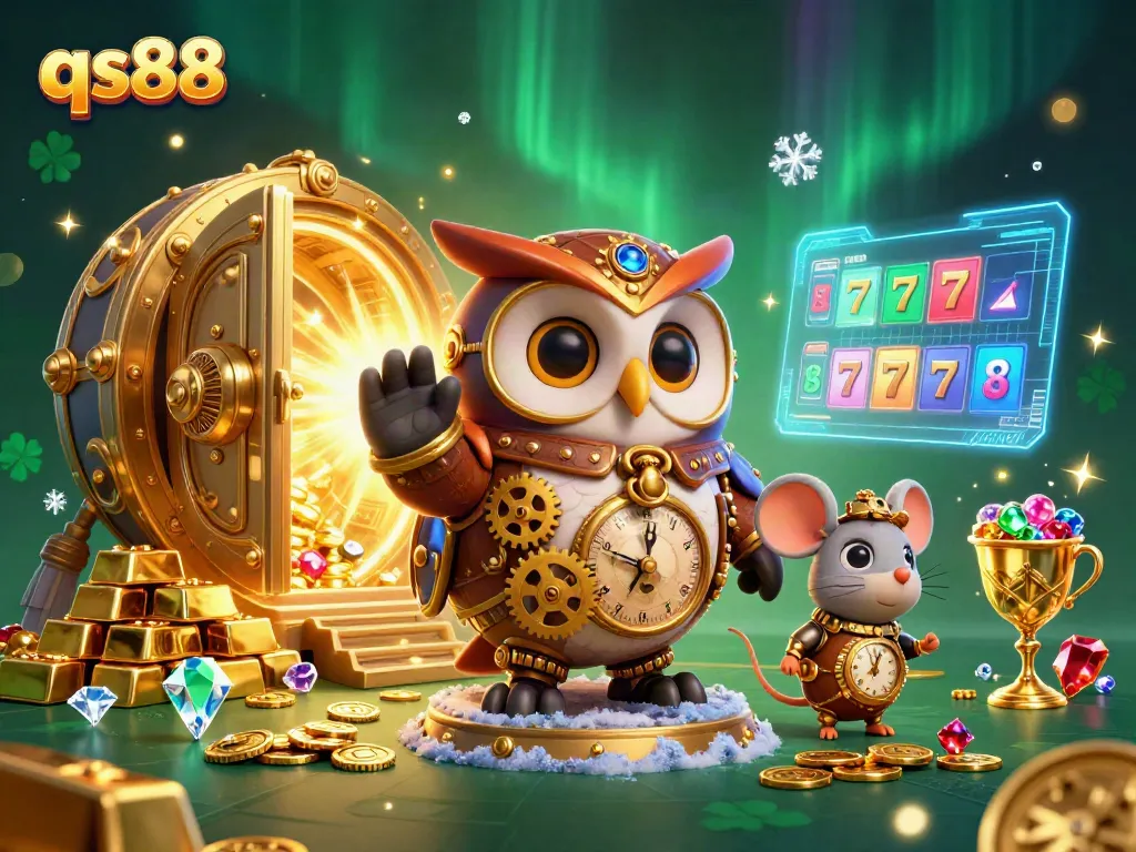 Experience excitement with qs88 at a vibrant casino scene featuring a steampunk owl and treasures