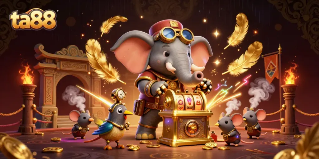 Spin the golden slot machine at ta88 with a steampunk elephant engineer and exciting casino action.