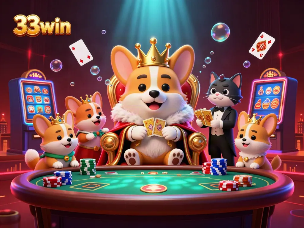 Casino experience at 33win comes alive with royal corgis and winning card elements.