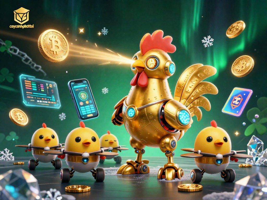 Caycanhphattai showcases a thrilling 3D game scene with a golden rooster robot and crypto themes for gamers.