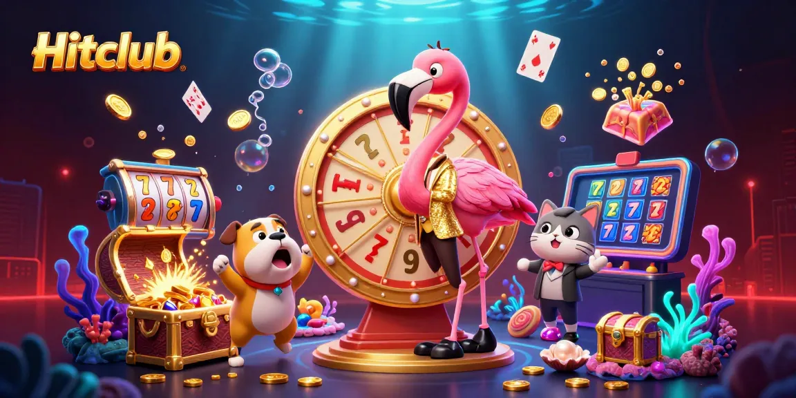 Hitclub engages players with a vibrant casino scene featuring a game show host, excited contestant, and scoreboard.