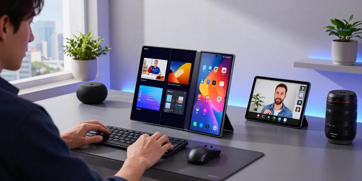 Sleek workspace featuring a tech enthusiast using the Samsung Galaxy Z TriFold to showcase its innovative design.