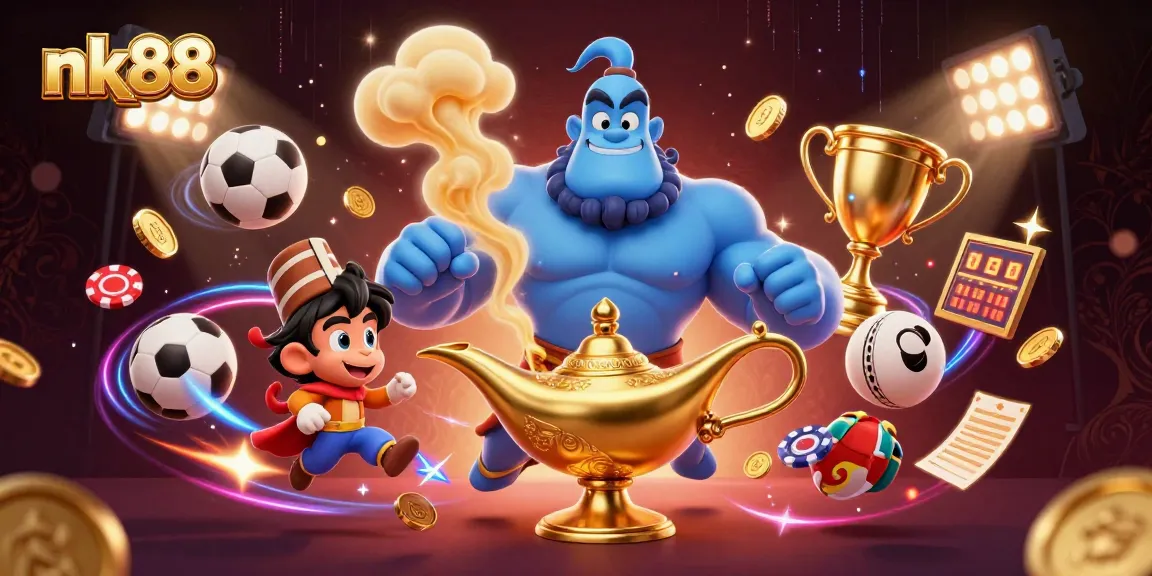 Engage with nk88 casino action featuring a magical genie and playful monkey amidst dynamic sports elements.