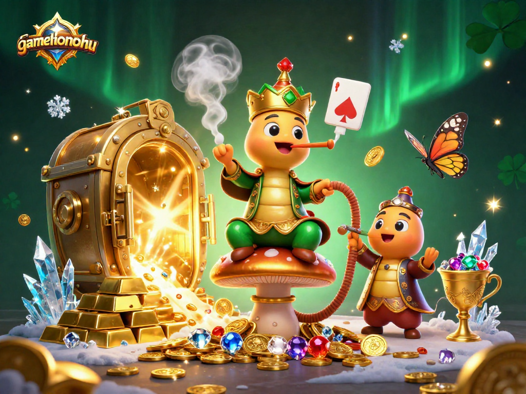 Experience the magic of gamethuongnohu as a caterpillar hookah-master blows poker hand symbols in a treasure-filled scene.