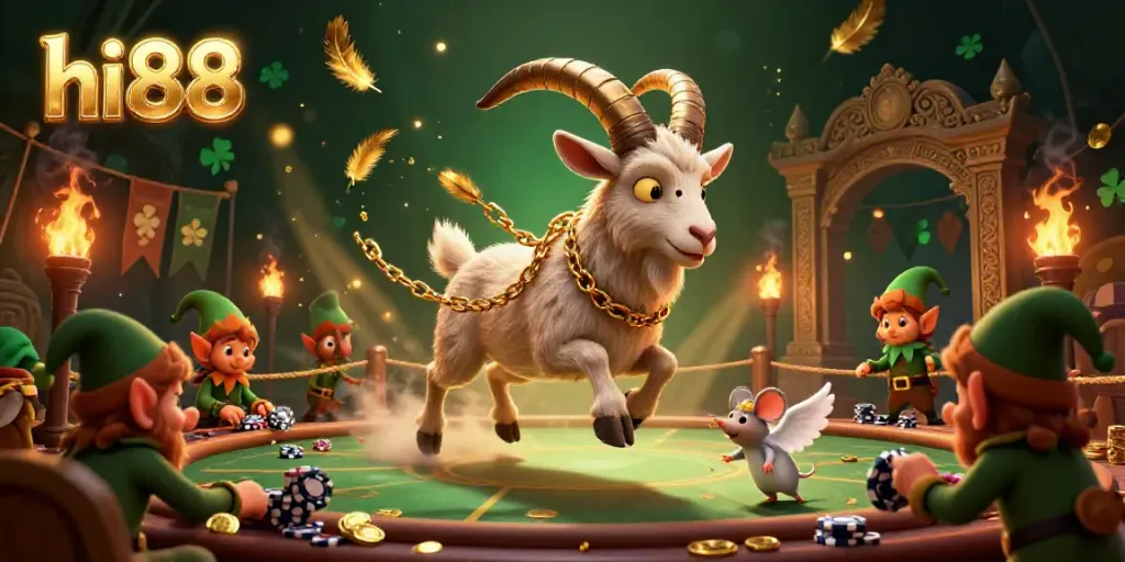 Experience the holiday-horror casino action at hi88, featuring a Krampus goat managing elf gremlins and poker chip chaos.