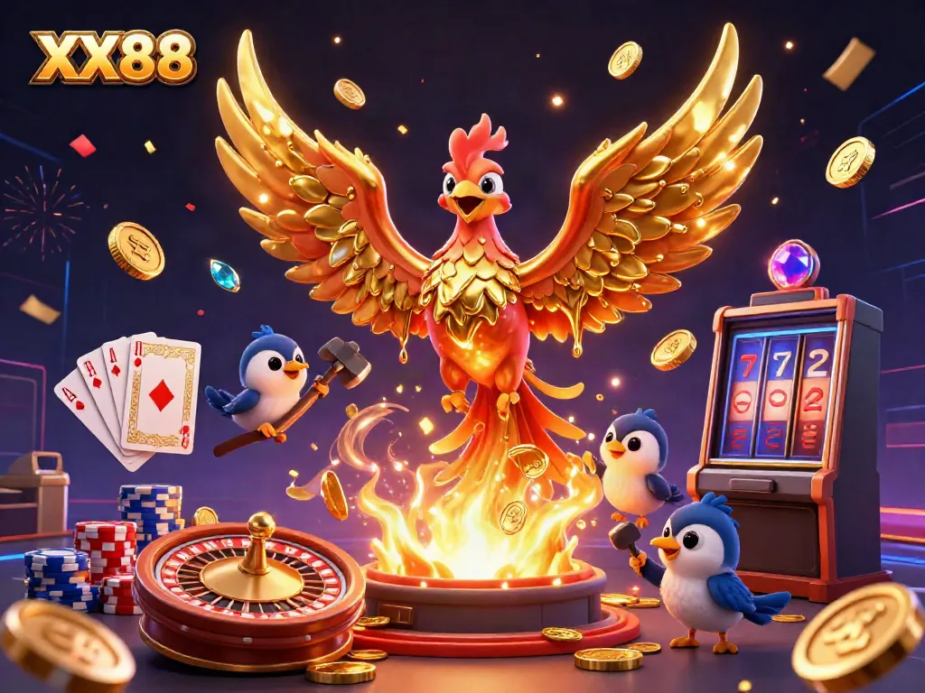 Win big at XX88 with an enchanting golden phoenix and vibrant casino elements glowing in a rich 3D illustration.