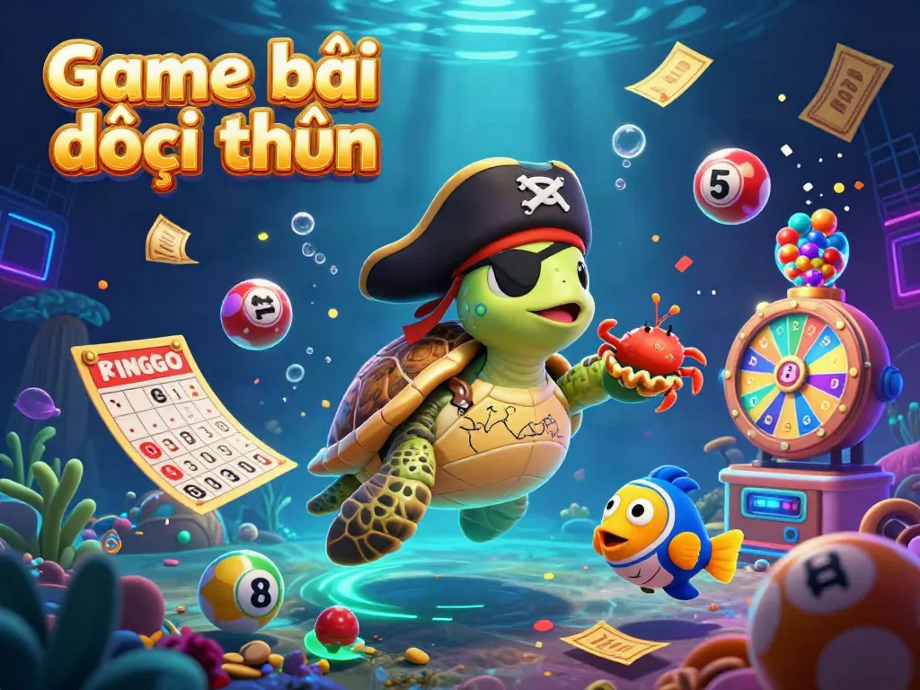Engaging scene of Game bài đổi thưởng with vibrant lottery elements, a pirate turtle, and treasure.