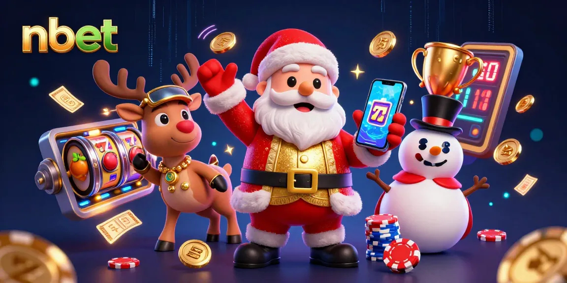 Engage in nbet's exciting jackpots with Santa, reindeer, and snowman at a lively casino scene.
