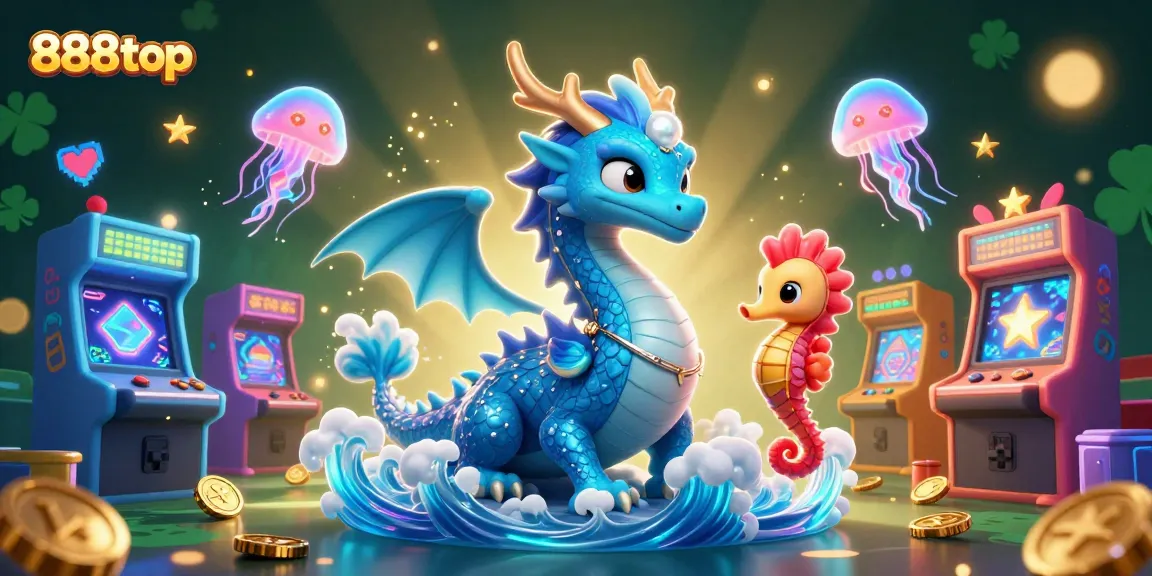 Experience thrilling wins with 888top in a vivid 3D casino illustration featuring a water dragon and gaming elements.