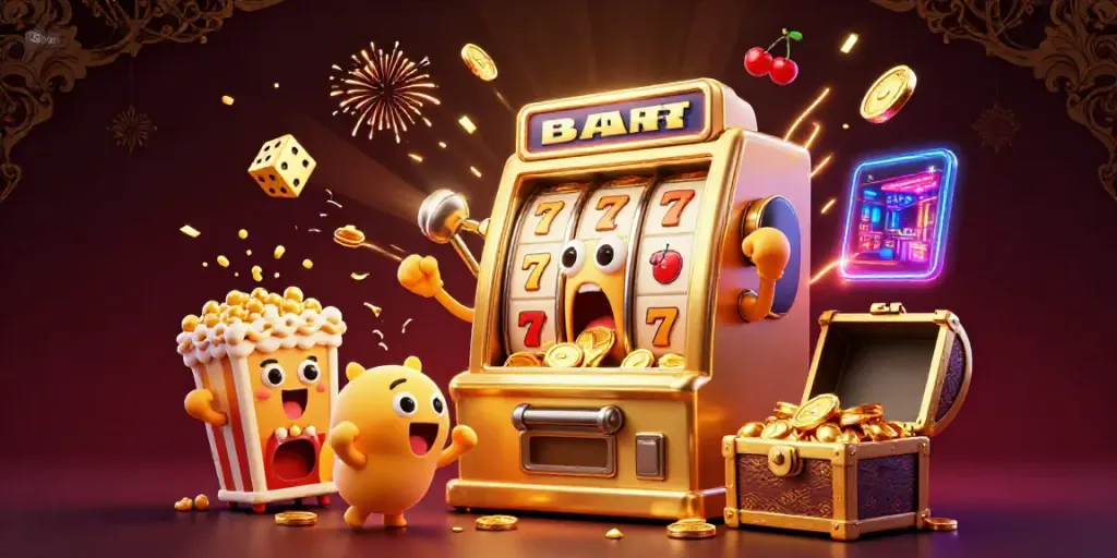 Experience the excitement of 8day's golden slot machine hitting a jackpot amidst a vibrant casino scene.
