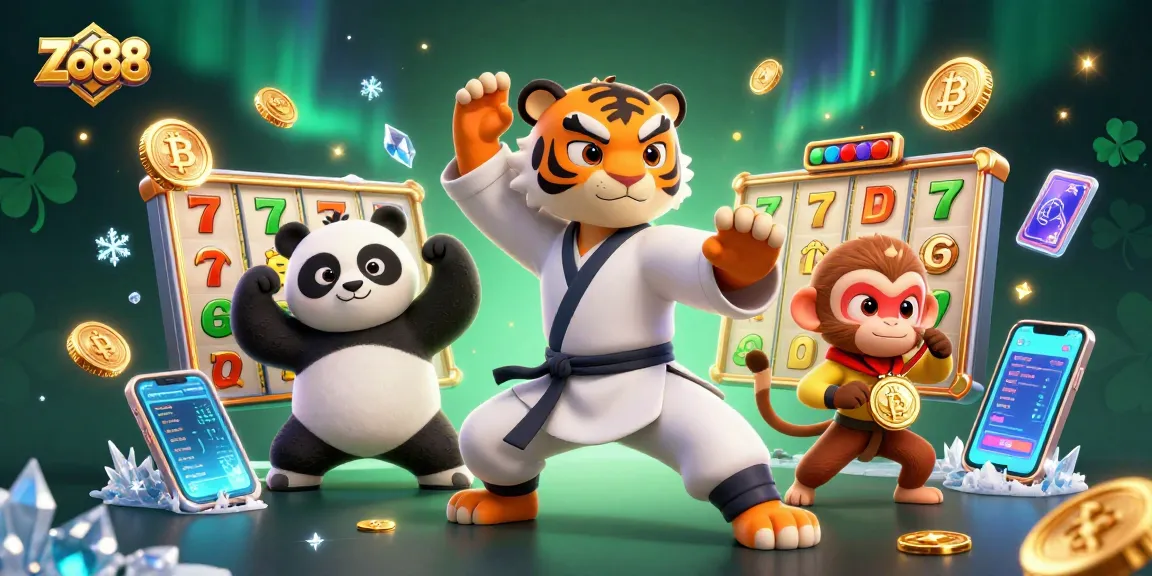 Engage in interactive gaming with Zo88's vibrant scene showcasing a kung fu master amidst slot reels.