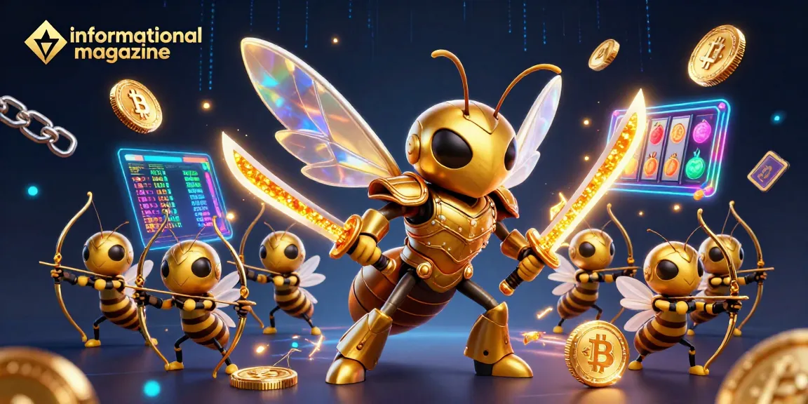 Engage with an informational magazine featuring a samurai hornet and bee archers amid vibrant casino elements.