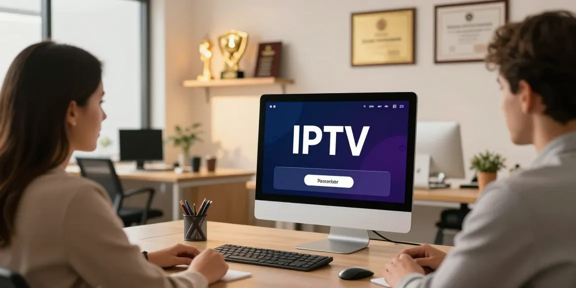 Trusted IPTV reseller discussing services with clients in a professional office environment.