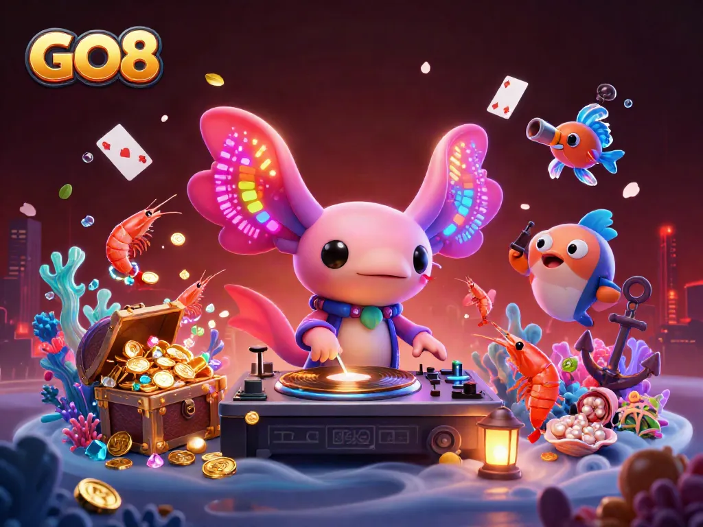 Join the vibrant GO8 party with a neon axolotl DJ and dancing sea creatures in an underwater casino.