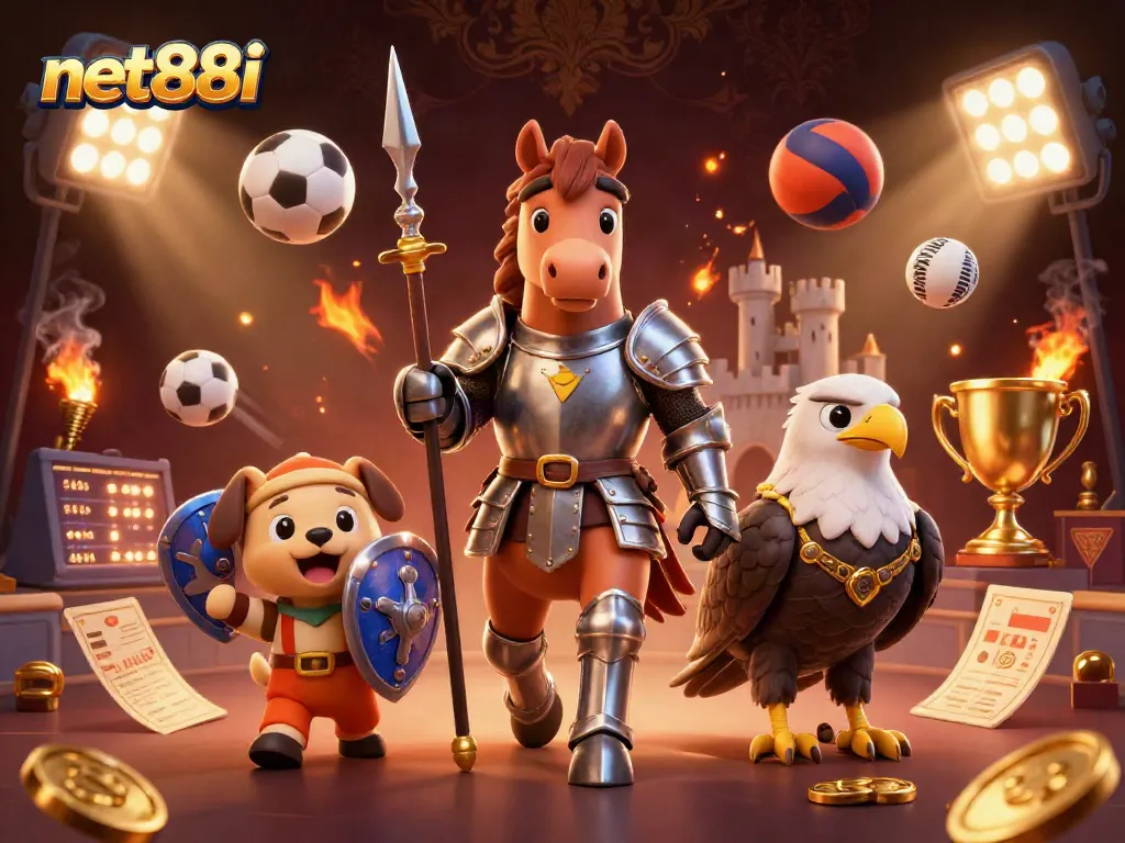 Experience thrilling excitement with net88i through a dynamic online casino setup featuring animated characters.