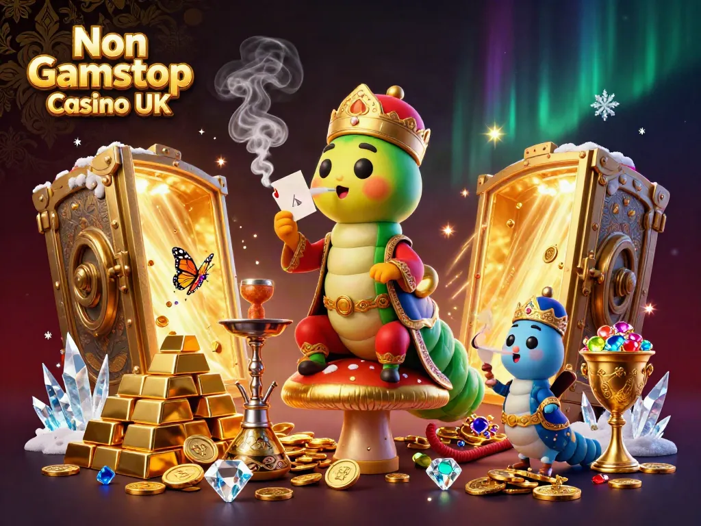 Experience the enchanting world of Non Gamstop Casino UK with a whimsical 3D illustration featuring a caterpillar hookah-master surrounded by riches.