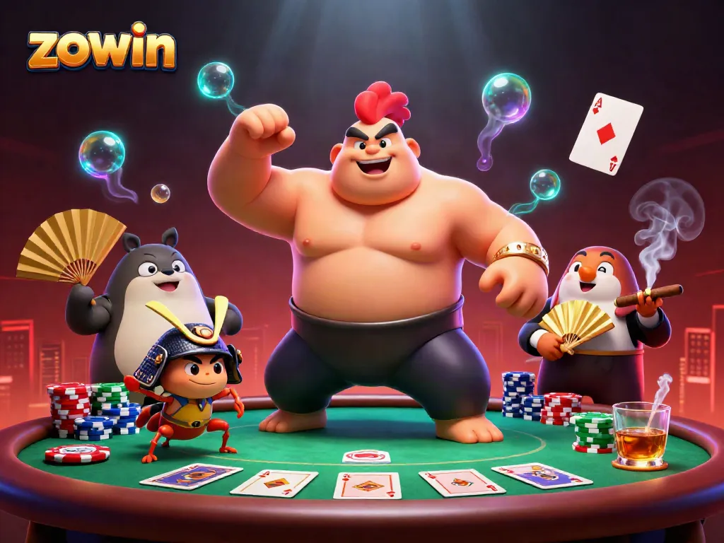 Zowin features a powerful sumo rooster stomping with a fierce cricket and a tanuki announcer amidst vibrant gambling elements.