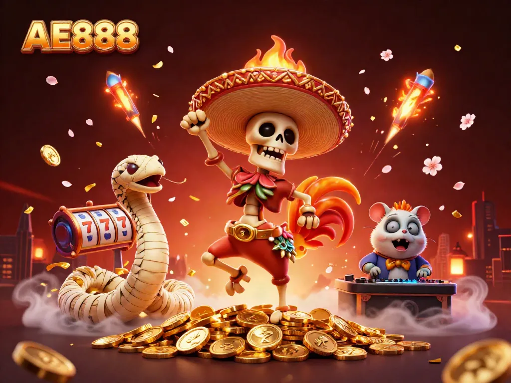 Engage with AE888's thrilling casino experience featuring a vibrant scene with characters celebrating amidst spinning slot reels and golden coins.