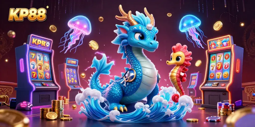 Engage in thrilling casino adventures with KP88, featuring vibrant characters and neon slot machines.