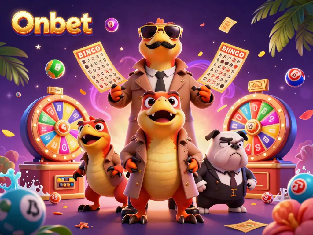 Onbet's colorful lottery scene featuring raptors, bingo cards, and a bulldog bouncer.