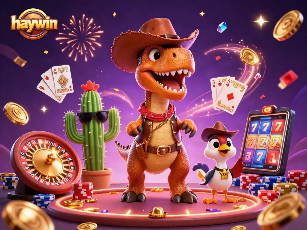 Engage with haywin's thrilling casino scene featuring a T-Rex mascot surrounded by vibrant casino elements.