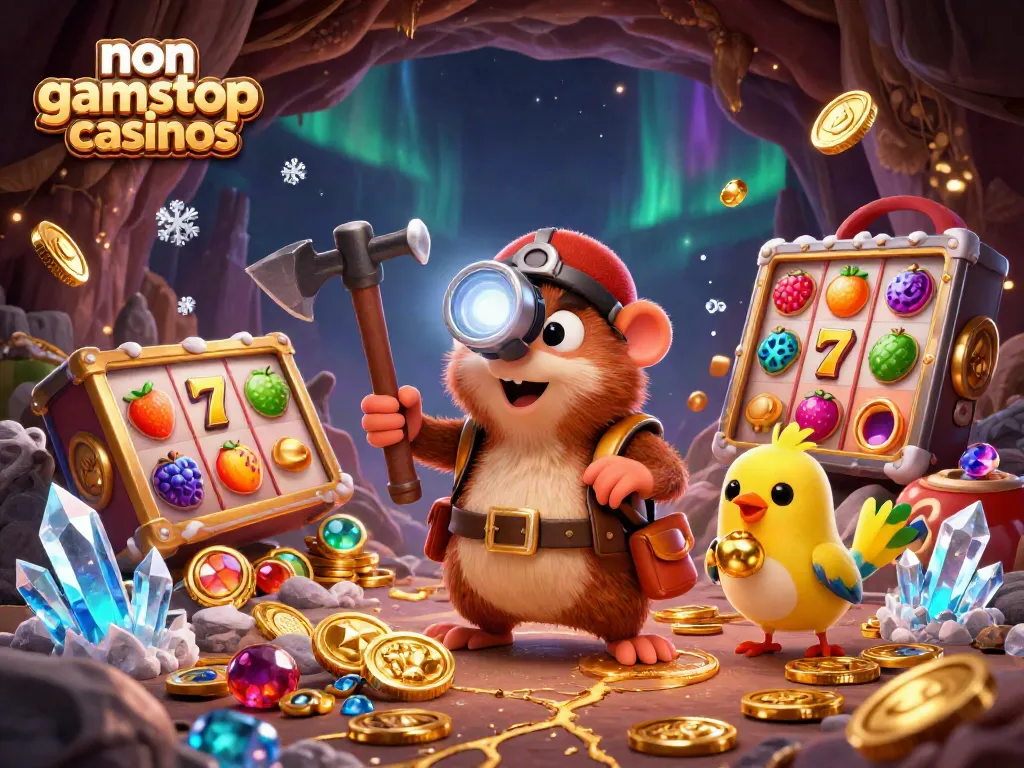 Engage with non gamstop casinos in a vibrant treasure hunting scene with dynamic elements and characters.