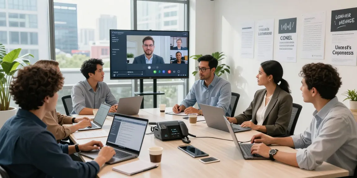 Team collaborating in a conference room with modern office phone systems, VoIP solutions, and vibrant workspace.