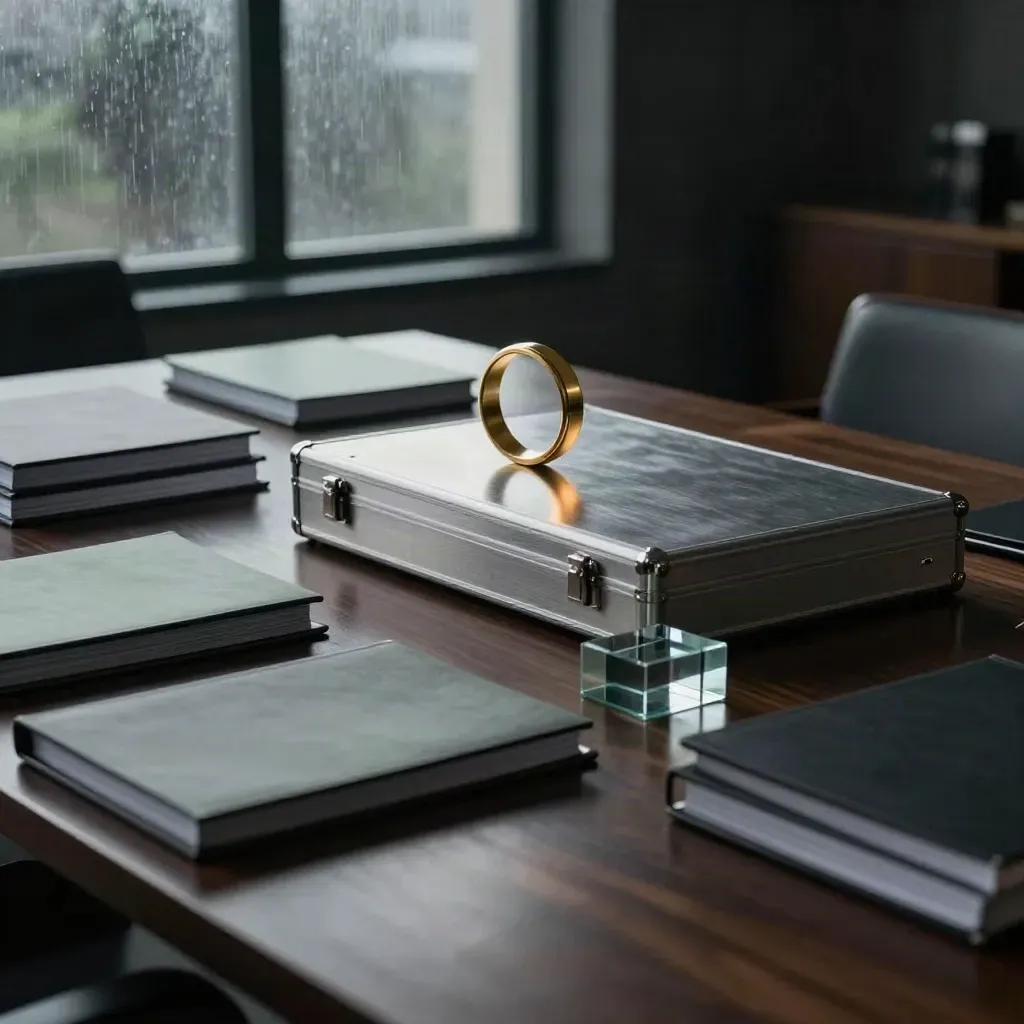 Dark boardroom table with binders, glass blocks, brass ring and metal portfolio case in rainy dawn light.