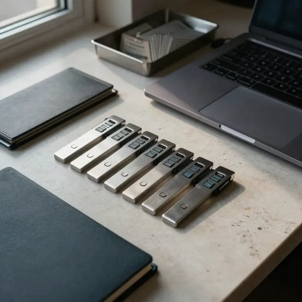 Top-down treasury workstation with closed laptop, aligned markers, and a dark cash tray in cool morning light.