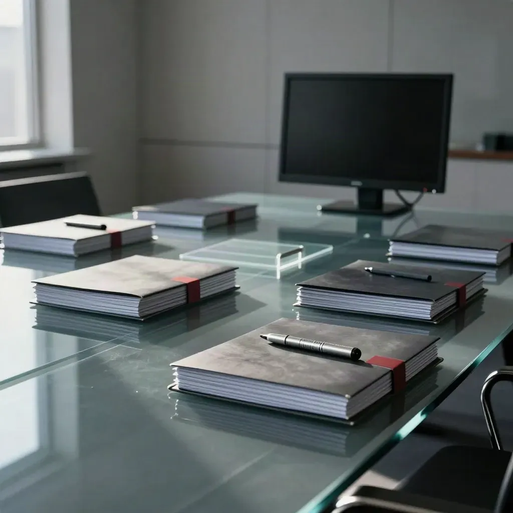Glass-walled risk committee table with redacted folders, silver markers and monitor glow in shadow