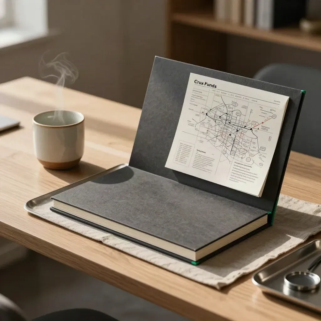 Advisory deck, ceramic cup and folded market map on a warm strategy table by a quiet pinboard.