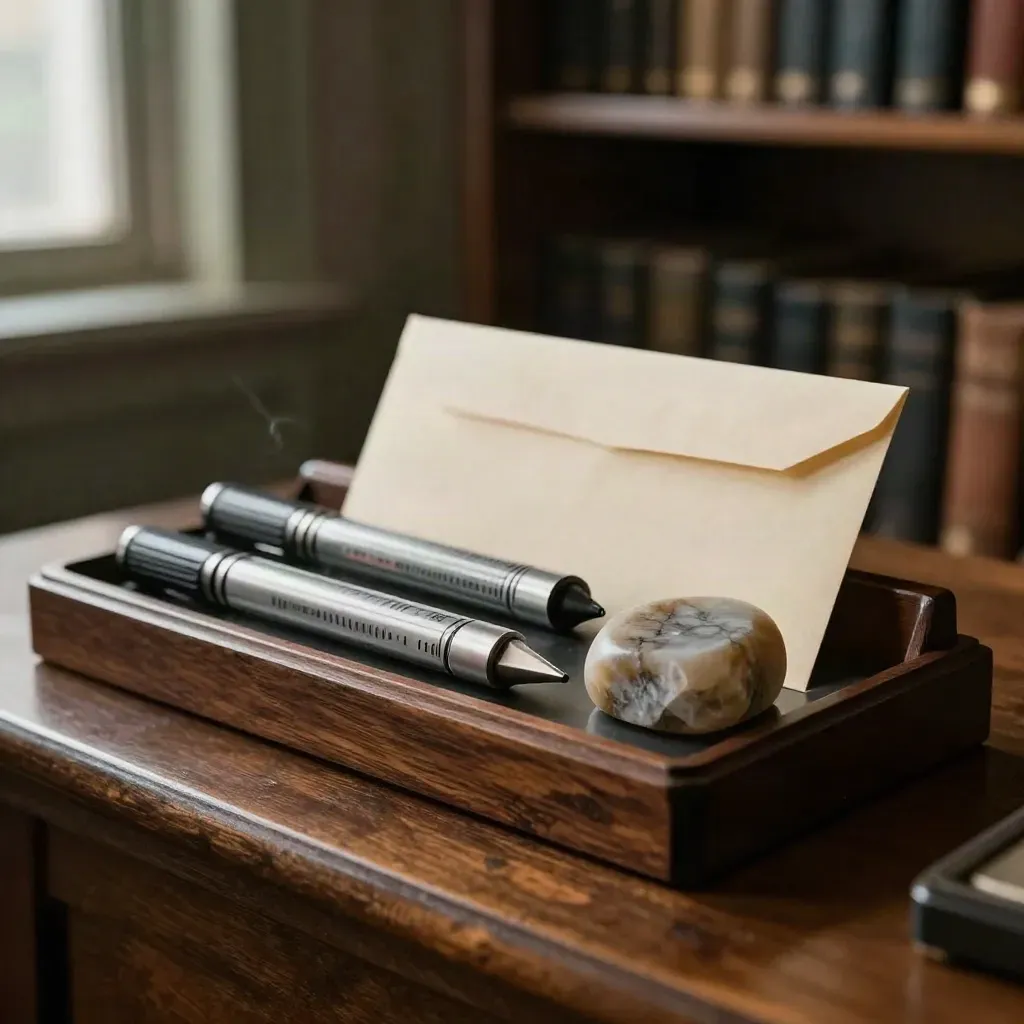 Cash forecasting tray with metal markers, stone paperweight and sealed envelope in warm window light